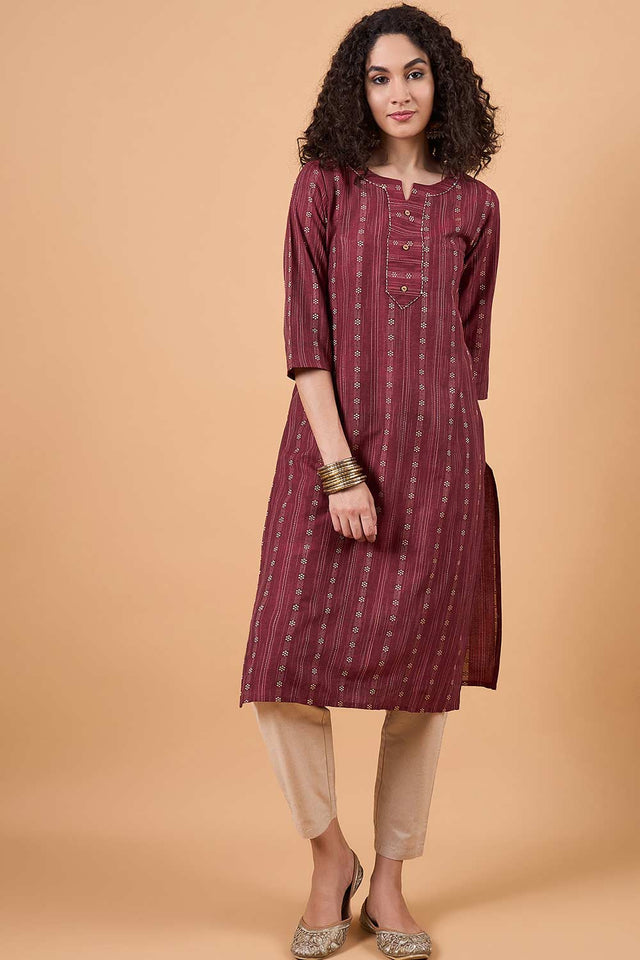 Women's Maroon Cotton Printed Kurti Pant Set