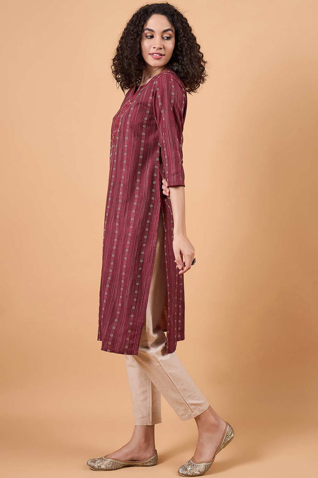 Women's Maroon Cotton Printed Kurti Pant Set
