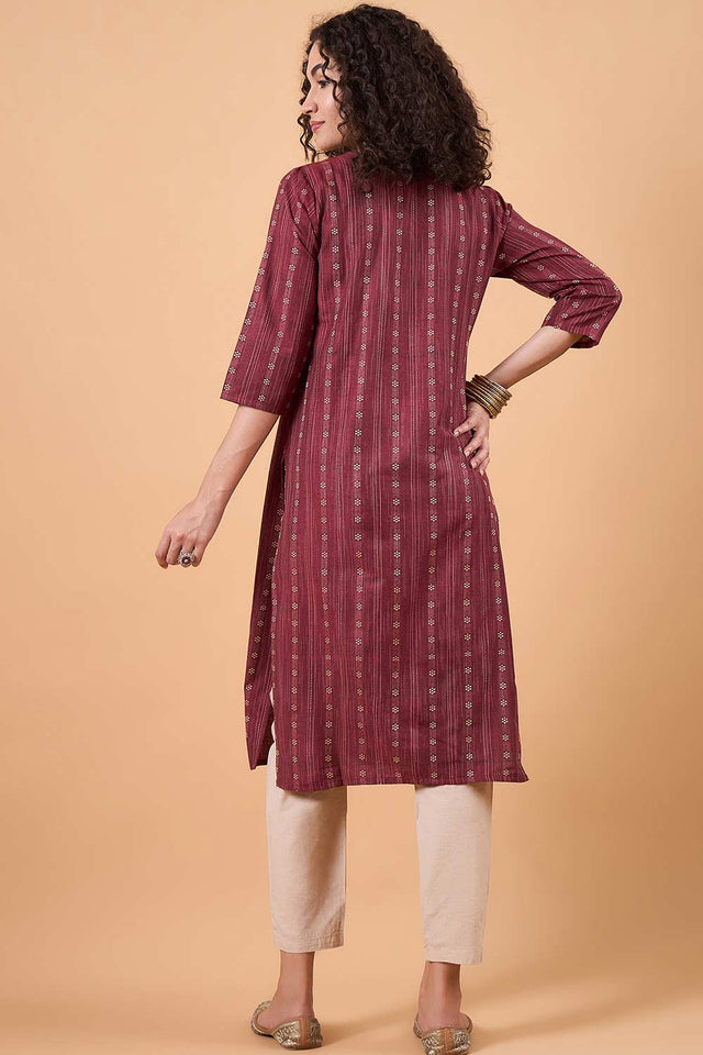 Women's Maroon Cotton Printed Kurti Pant Set