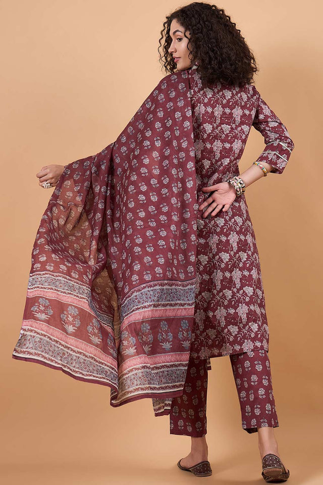 Women's Maroon Cotton Printed Kurti Pant Set