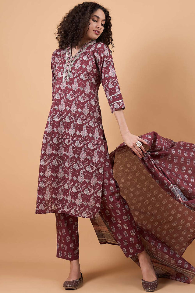 Women's Maroon Cotton Printed Kurti Pant Set