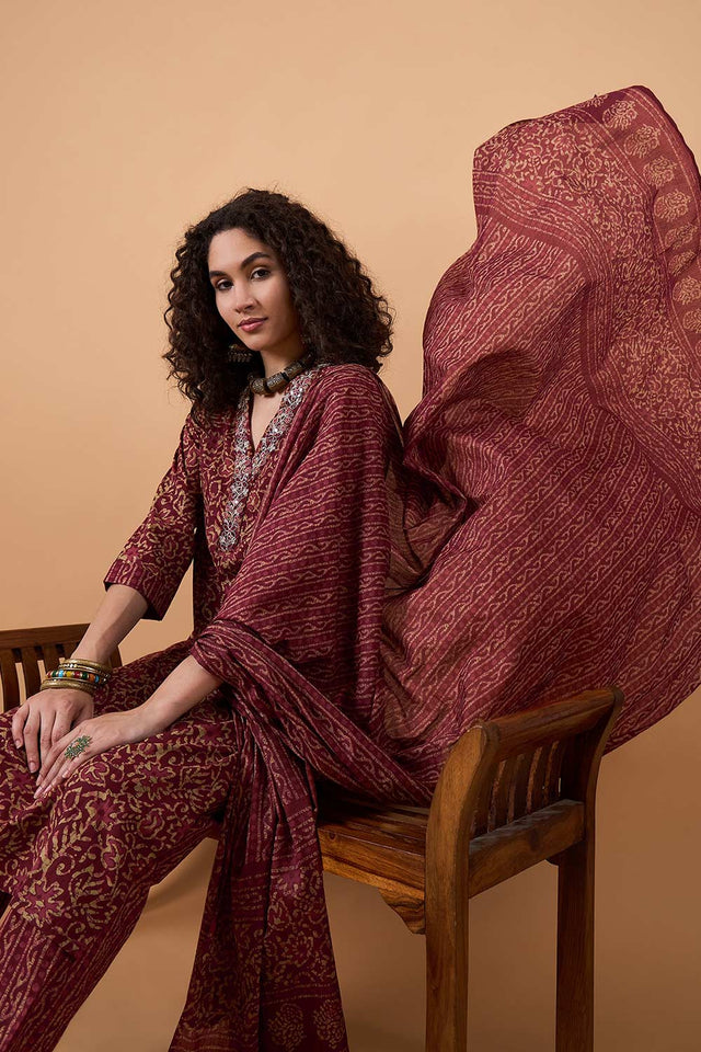 Women's Maroon Cotton Printed Kurti Pant Set