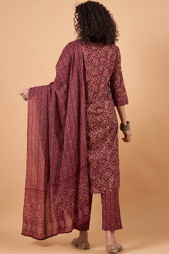 Women's Maroon Cotton Printed Kurti Pant Set