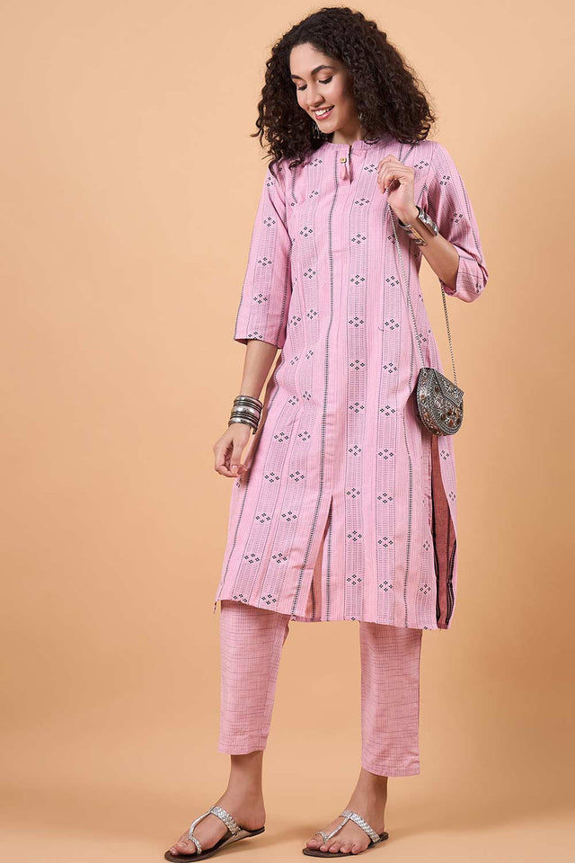 Women's Pink Cotton Printed Kurti Pant Set