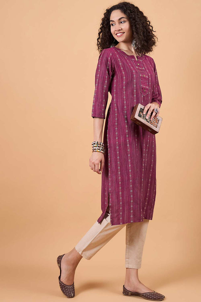 Women's Magenta Cotton Printed Kurti Pant Set