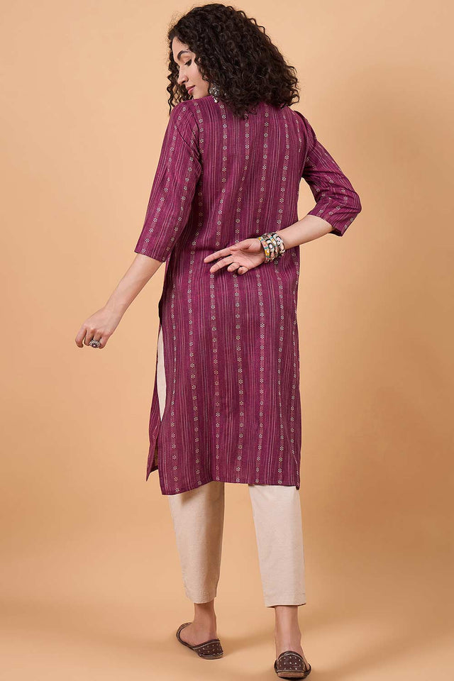 Women's Magenta Cotton Printed Kurti Pant Set