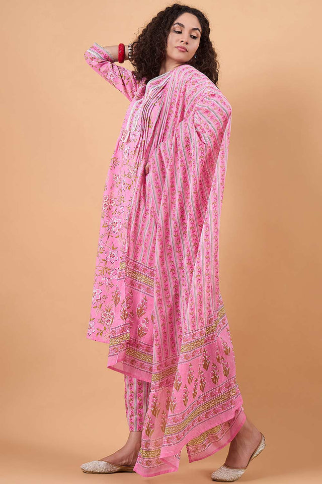 Women's Pink Cotton Printed Kurti Pant Set