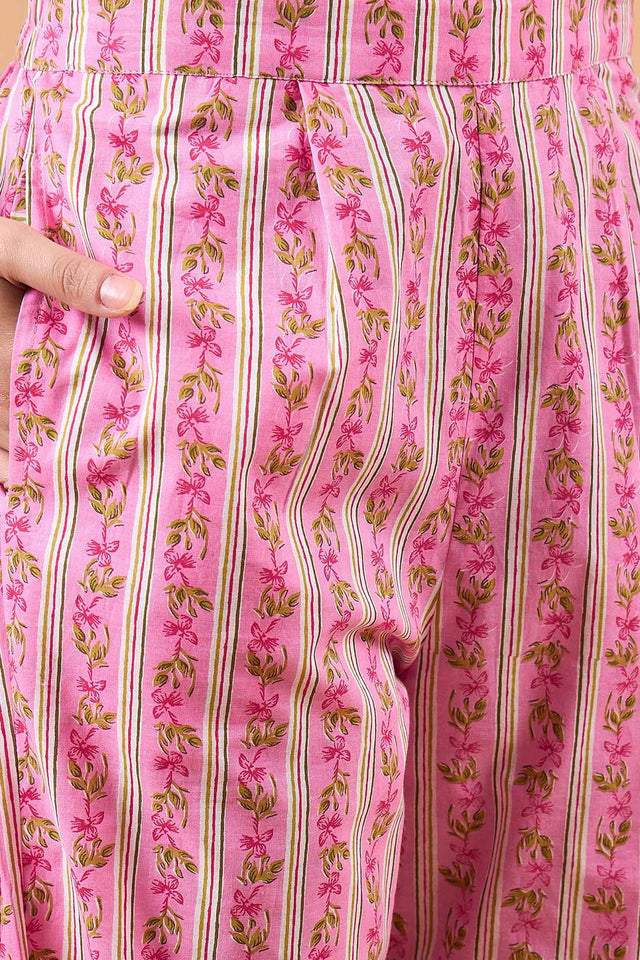 Women's Pink Cotton Printed Kurti Pant Set