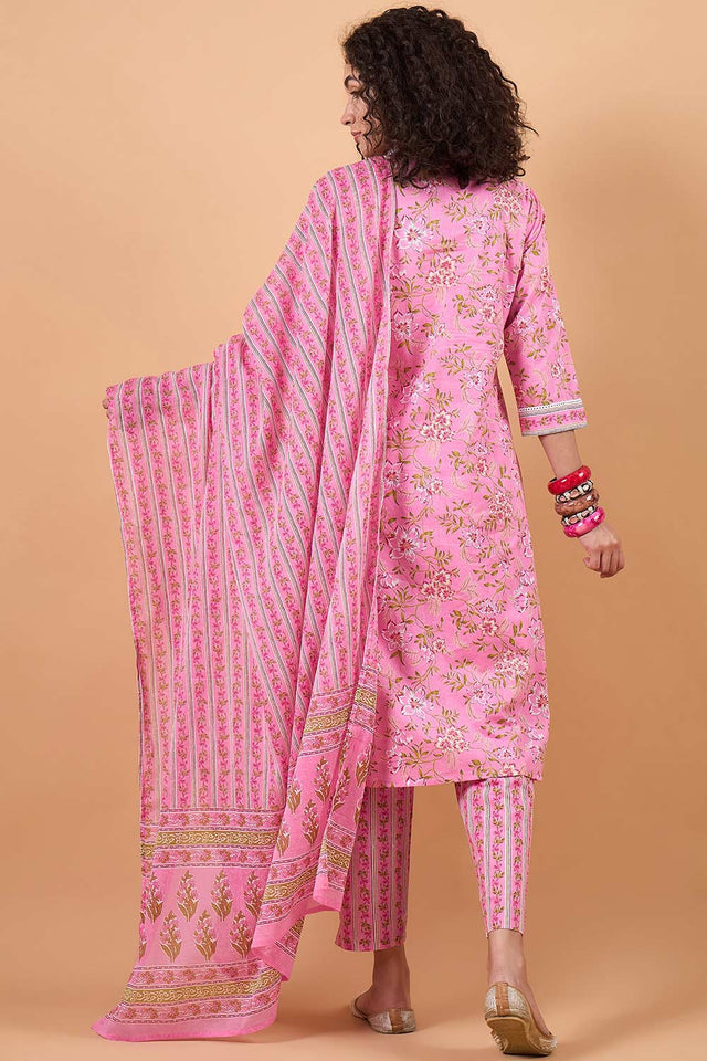 Women's Pink Cotton Printed Kurti Pant Set
