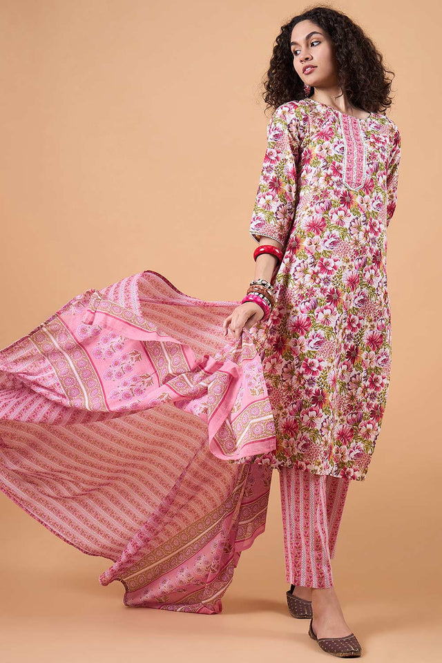 Women's Pink Cotton Printed Kurti Pant Set