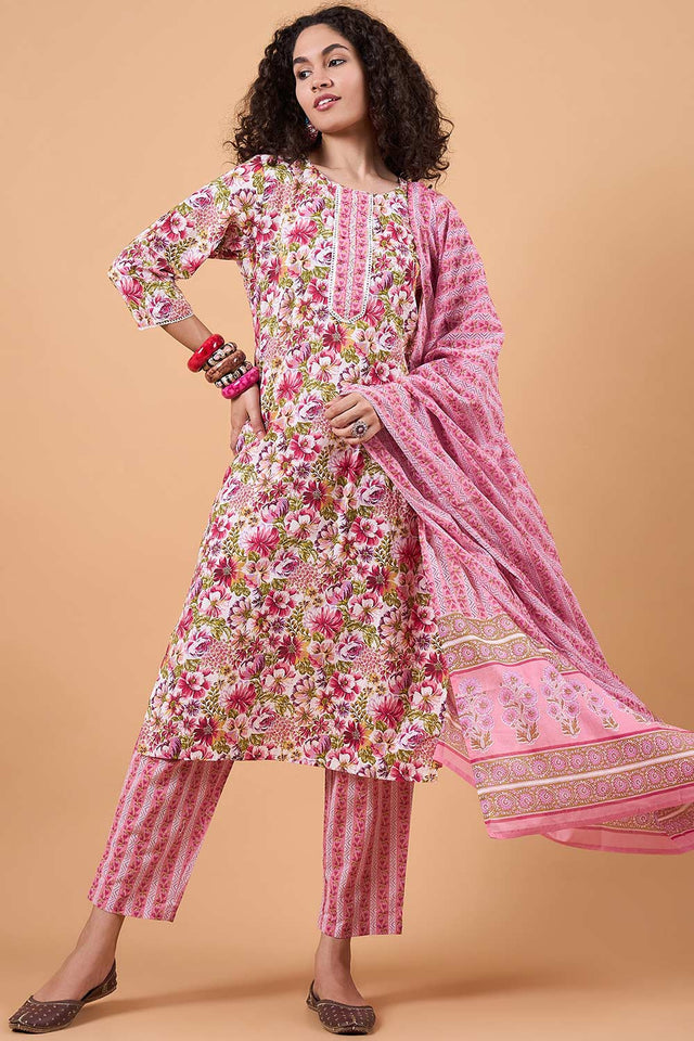 Women's Pink Cotton Printed Kurti Pant Set