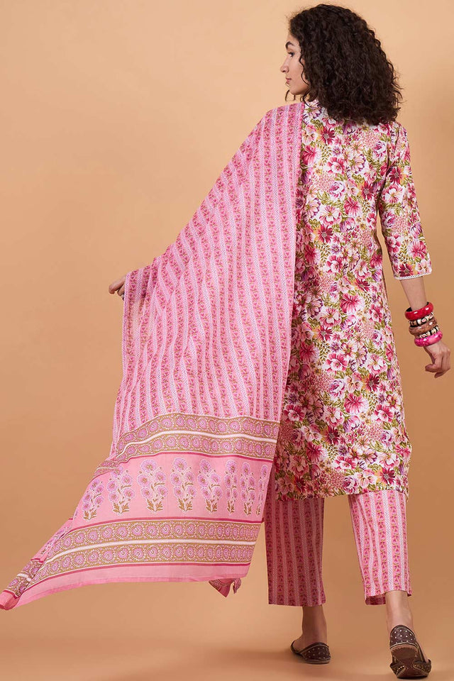 Women's Pink Cotton Printed Kurti Pant Set