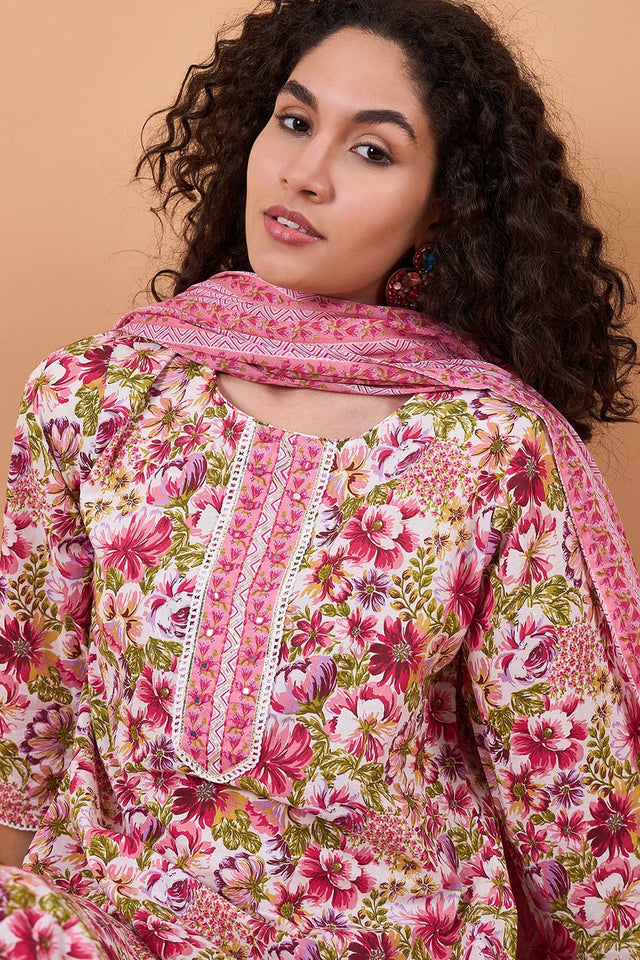 Women's Pink Cotton Printed Kurti Pant Set