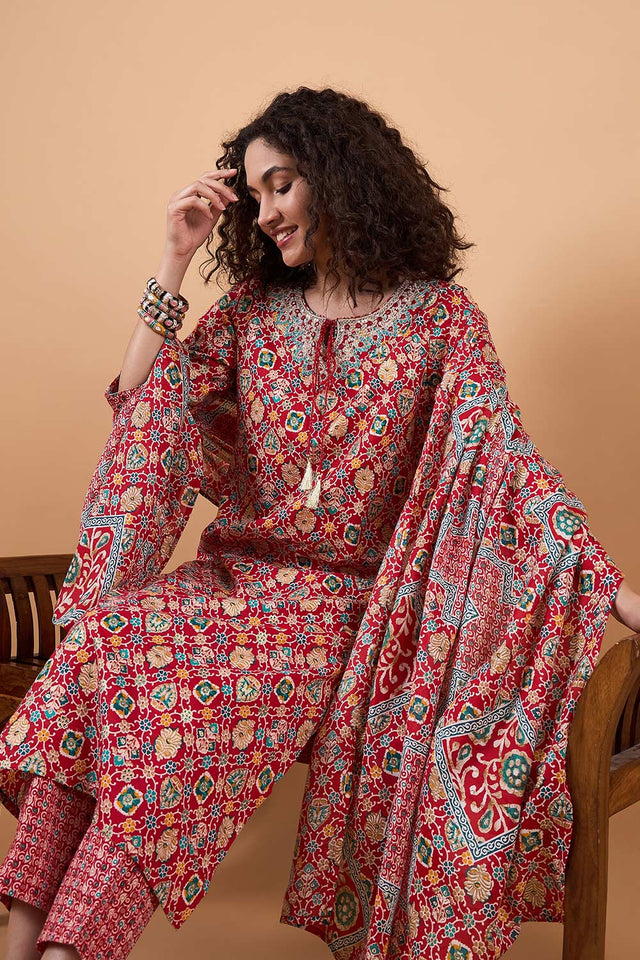 Women's Red Cotton Printed Kurti Pant Set