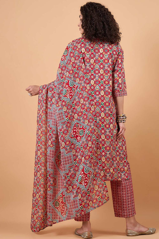 Women's Red Cotton Printed Kurti Pant Set