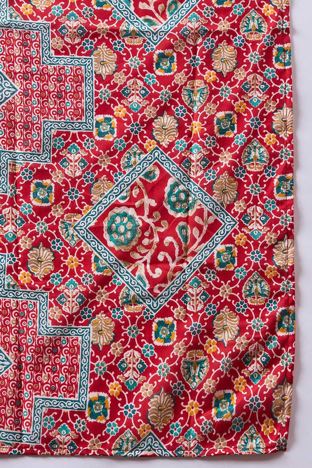 Women's Red Cotton Printed Kurti Pant Set