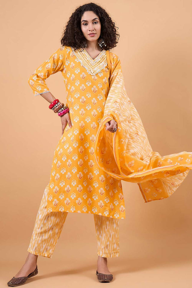 Women's Yellow Cotton Printed Kurti Pant Set