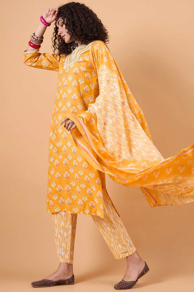 Women's Yellow Cotton Printed Kurti Pant Set