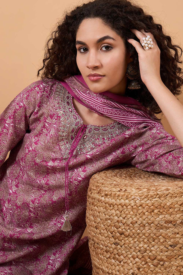 Women's Pink Cotton Blend Printed Kurti Pant Set