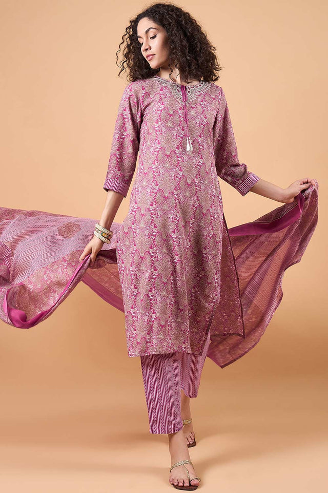 Women's Pink Cotton Blend Printed Kurti Pant Set