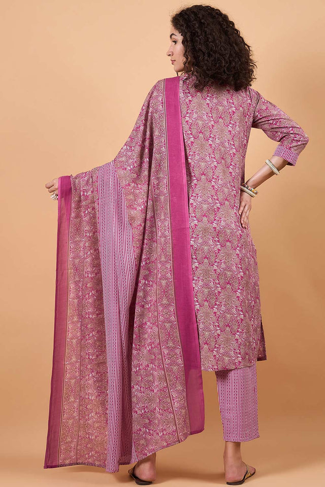 Women's Pink Cotton Blend Printed Kurti Pant Set