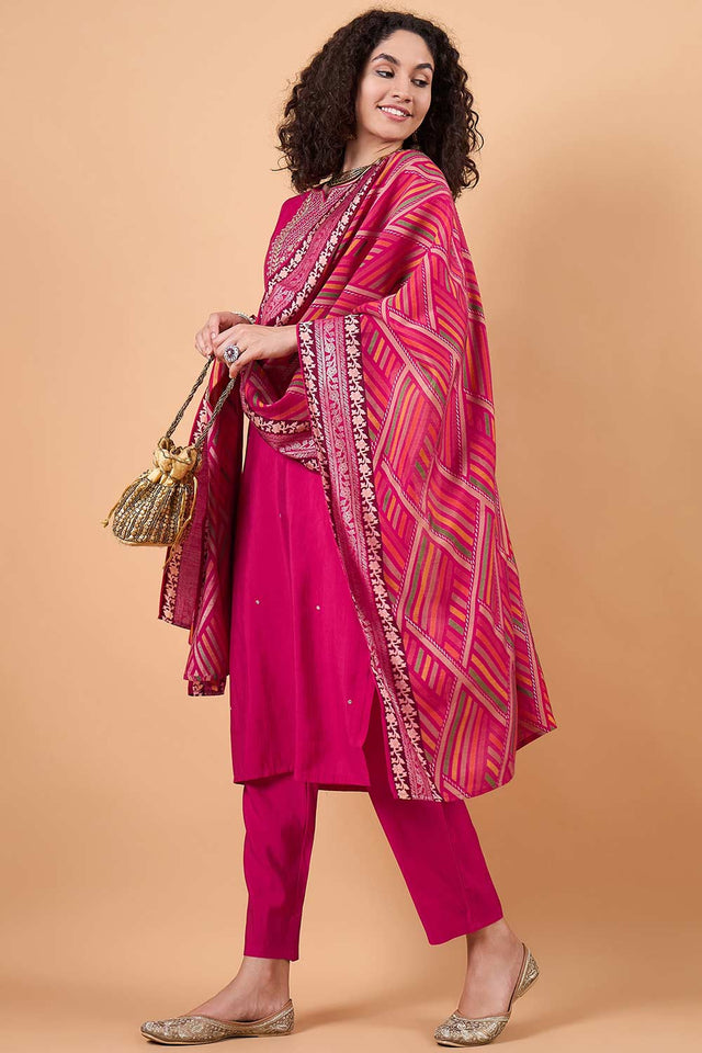 Women's Pink Silk Blend Printed Kurti Pant Set