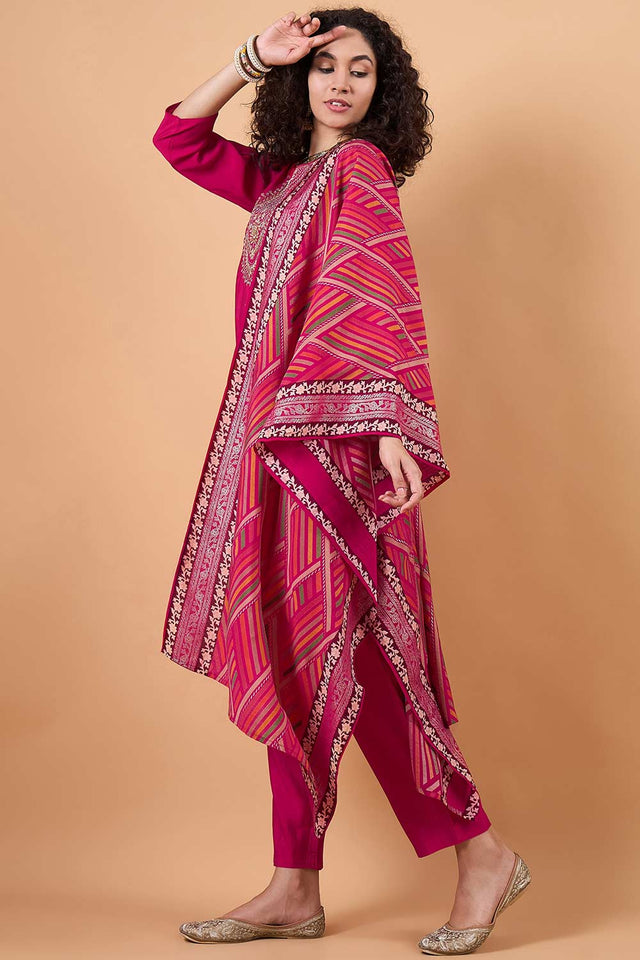 Women's Pink Silk Blend Printed Kurti Pant Set