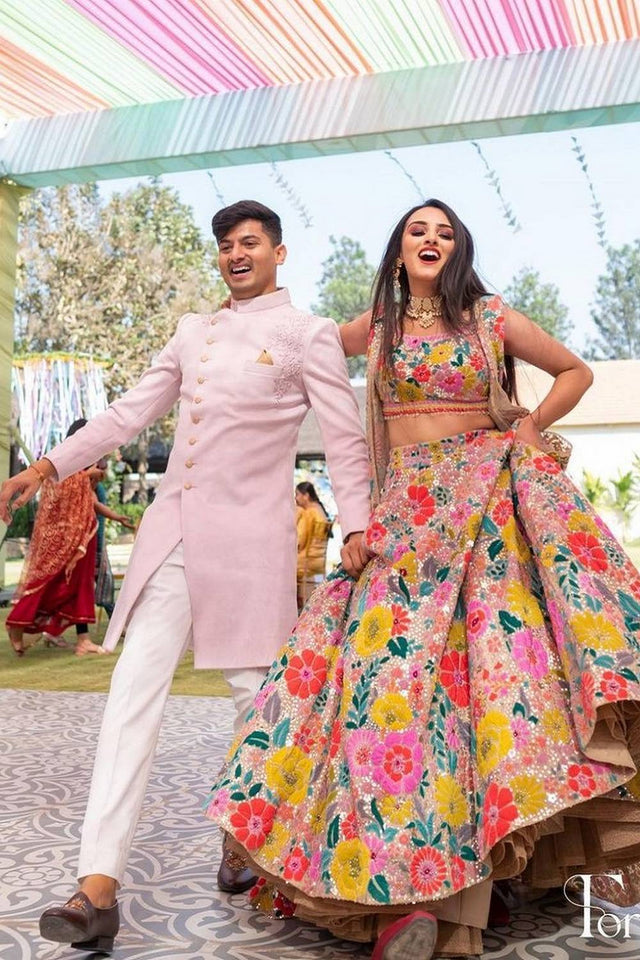 Brown Floral Embroidered Georgette Lehenga