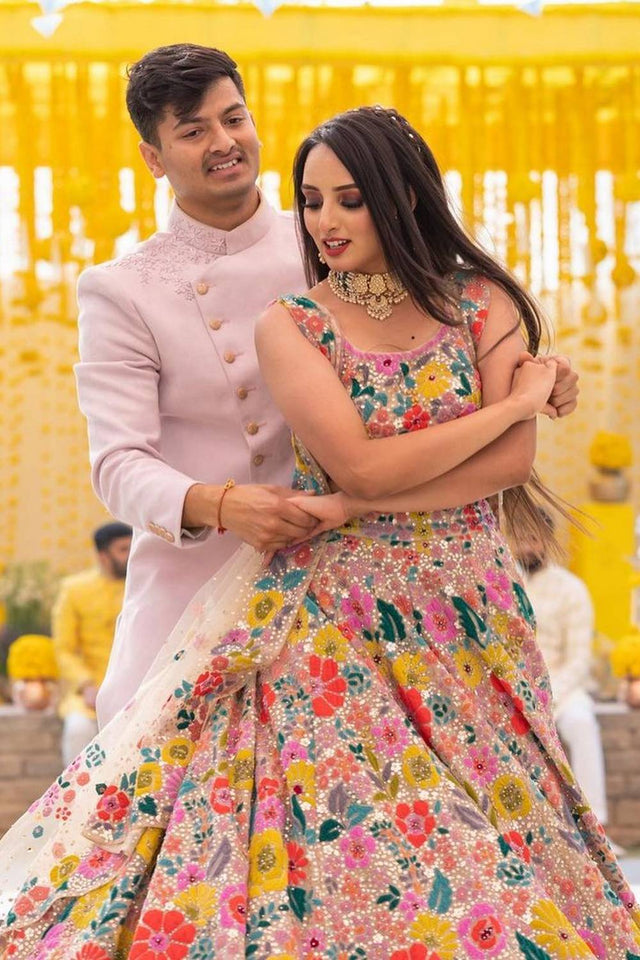 Brown Floral Embroidered Georgette Lehenga