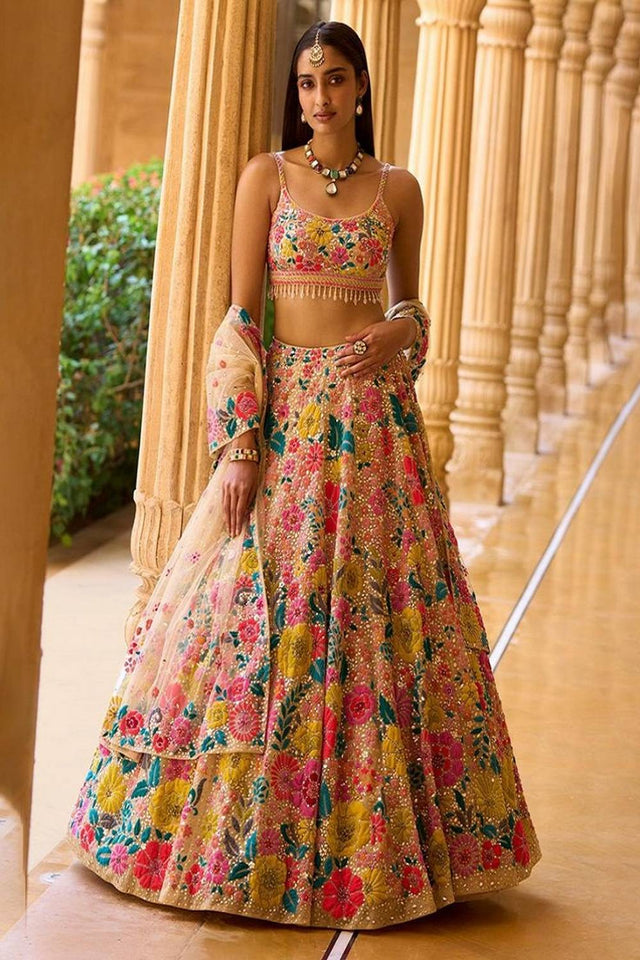 Brown Floral Embroidered Georgette Lehenga