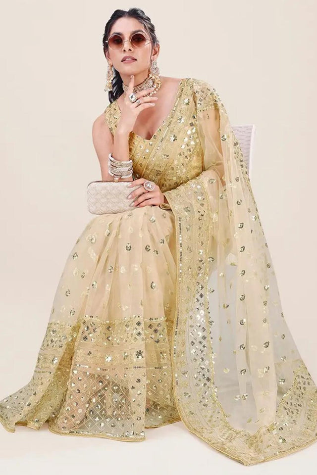 Cream Net Embroidery Sequin Sequins Work Party Wear Designer Saree