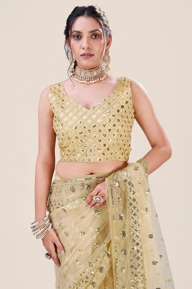 Cream Net Embroidery Sequin Sequins Work Party Wear Designer Saree