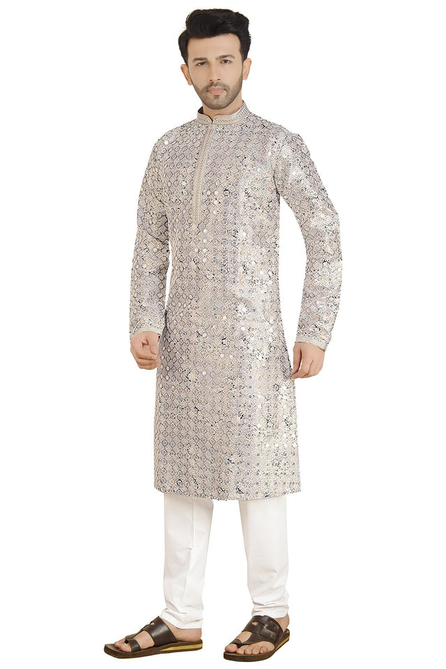 Silver Silk Mirror Sequin Embroidered Kurti Pant