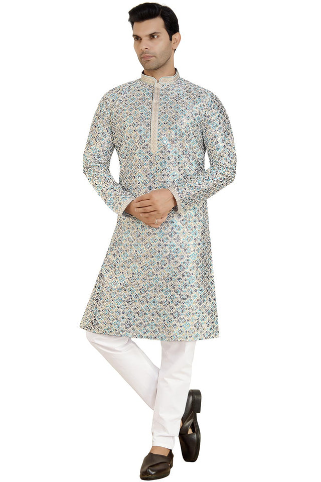 Blue Silk Mirror Sequin Embroidered Kurti Pant