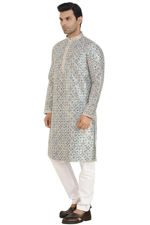 Blue Silk Mirror Sequin Embroidered Kurti Pant