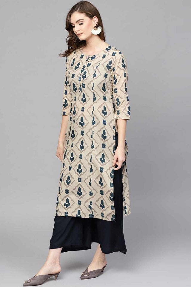 Beige Printed Cotton Kurti Palazzo Set