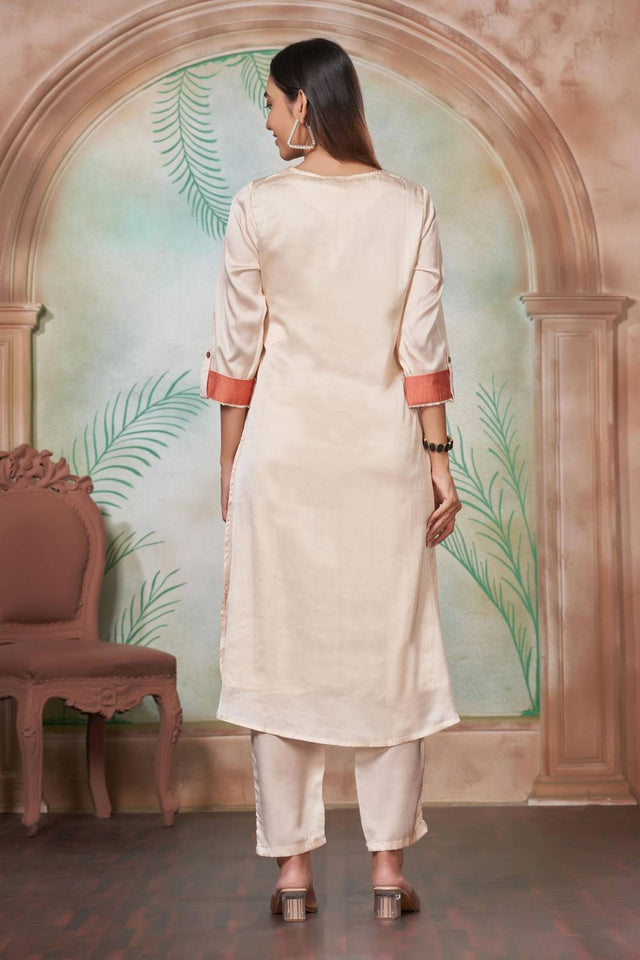 Off White Floral Printed Silk Kurti Pant Set