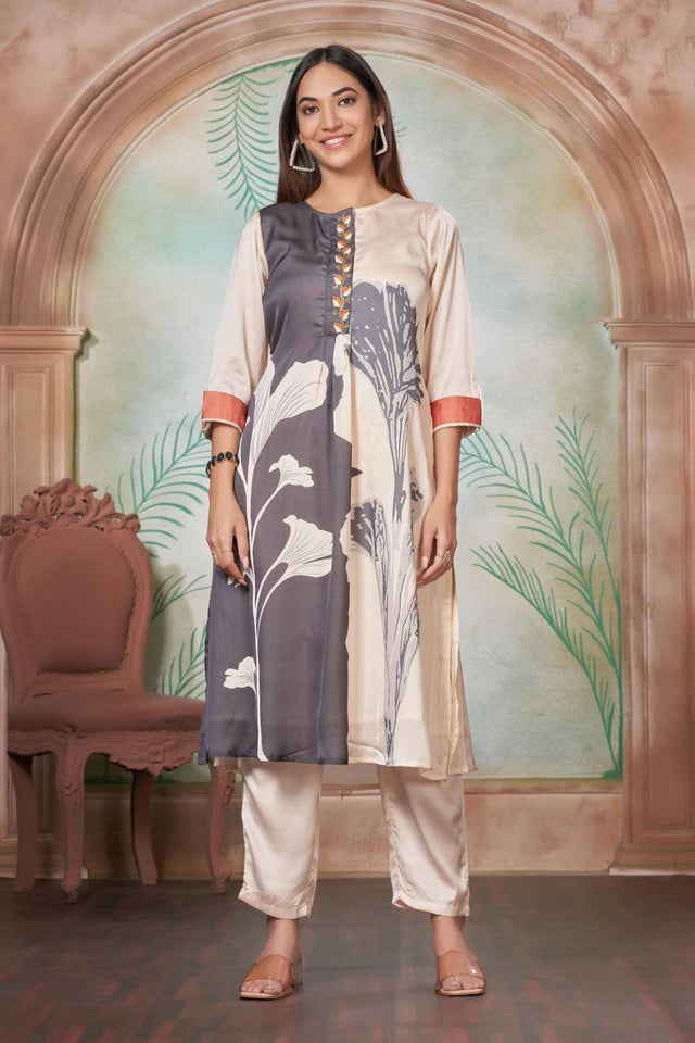 Off White Floral Printed Silk Kurti Pant Set