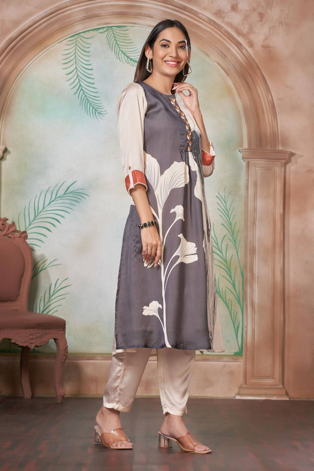 Off White Floral Printed Silk Kurti Pant Set