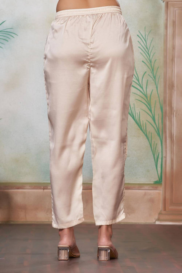 Off White Floral Printed Silk Kurti Pant Set