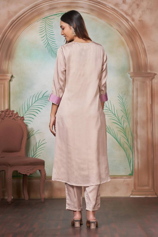 Brown Floral Printed Silk Kurti Pant Set