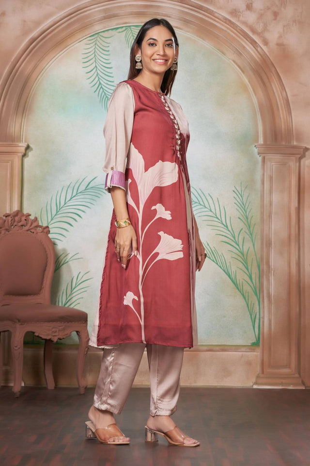 Brown Floral Printed Silk Kurti Pant Set