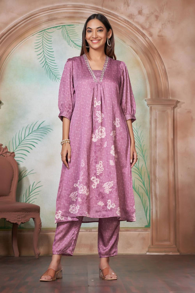 Lavender Floral Printed Silk Kurti Pant Set