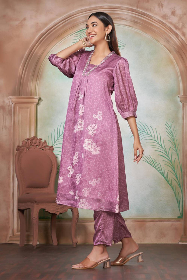 Lavender Floral Printed Silk Kurti Pant Set