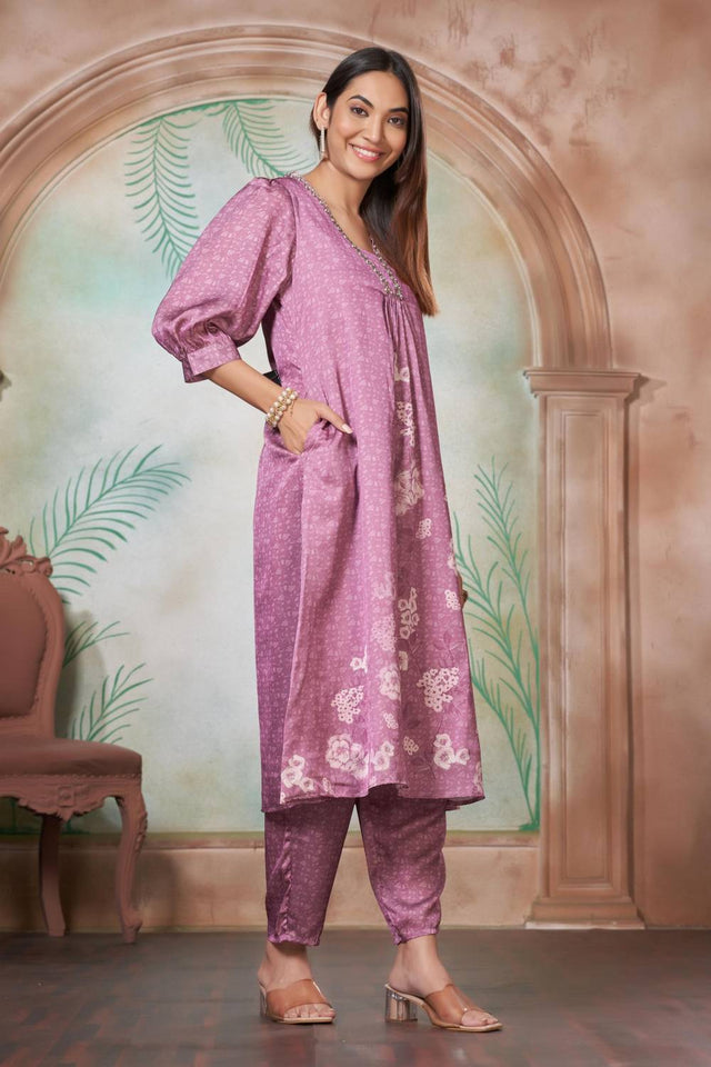 Lavender Floral Printed Silk Kurti Pant Set