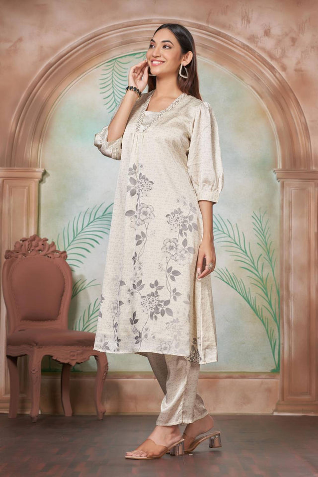 White Floral Printed Silk Kurti Pant Set
