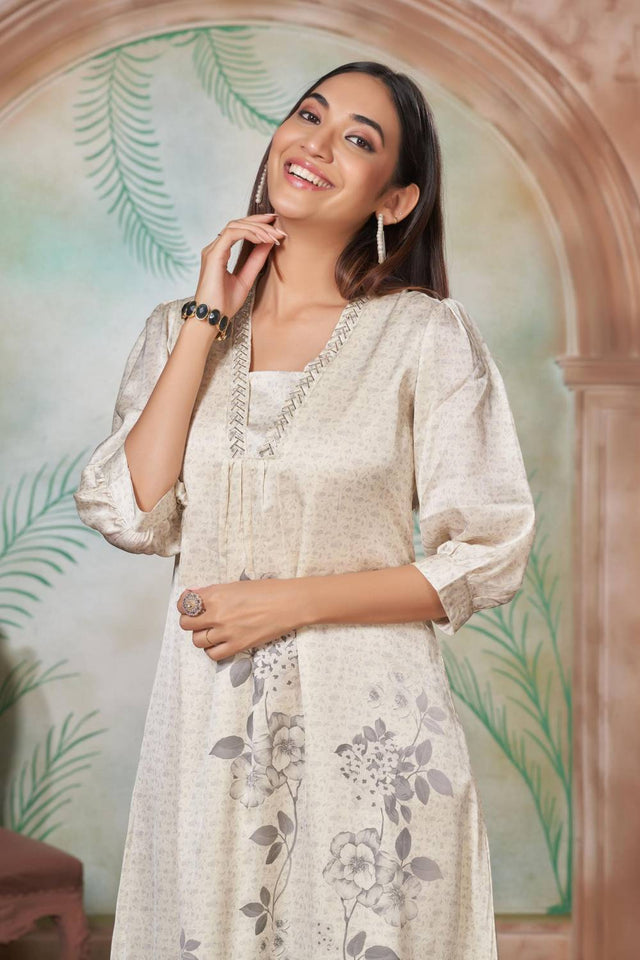 White Floral Printed Silk Kurti Pant Set
