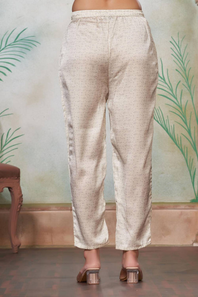 White Floral Printed Silk Kurti Pant Set