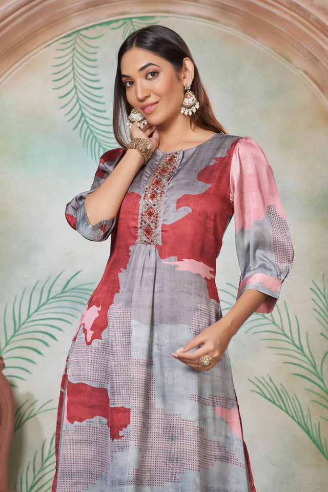 Pink Printed Silk Kurti Pant Set