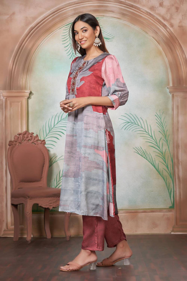Pink Printed Silk Kurti Pant Set